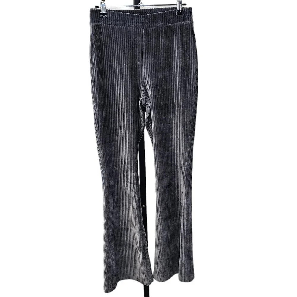 Aerie Ribbed High Rise Flare Leg Velour  Pants Size Small Gray Pull On Lounge